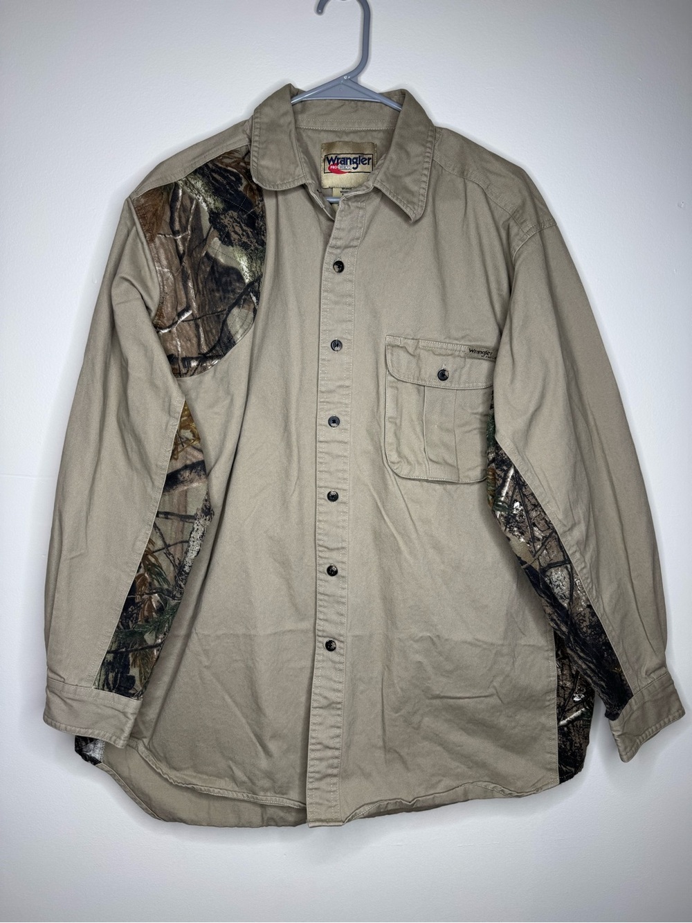 Wrangler Tan Button-Up Shirt with Camo Panels